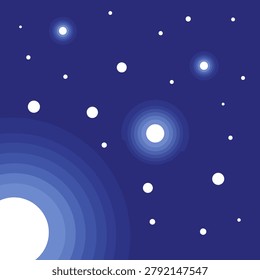 Bright stars and cosmic orbs in a deep blue night sky. Deep blue sky filled with white stars and glowing orbs. Concentric rings emanate from a large bright source in the corner. Perfect for science fiction covers or space-themed backgrounds.
