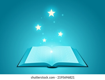 Bright stars flying out from opened book, knowledge, magic, education concept