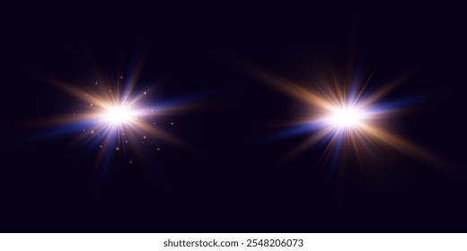 Bright stars. Glare and dust effect. Abstract sun flare. Light rays.Vector.