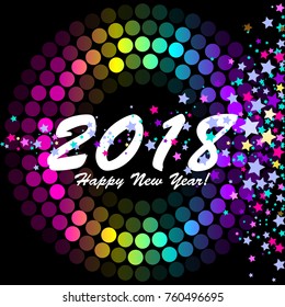 Bright stars. Multicolored sparkles on a black background. Glowing disco ball on a black sky. Happy New Year 2018