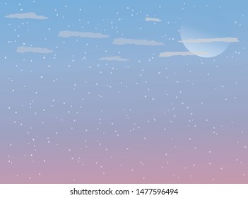 Bright stars in the night sky and the moon in a colorful background