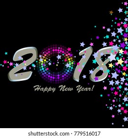 Bright stars on a black sky. Multicolored sparkles and glowing, luminous, radiant disco ball on a black background. Happy New Year 2018!