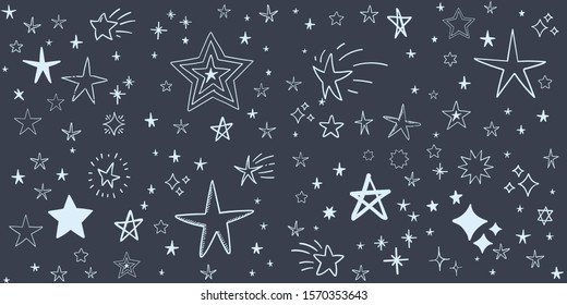Bright stars on dark background doodle set. Hand drawn star sketch illustrations. Vector collection. 