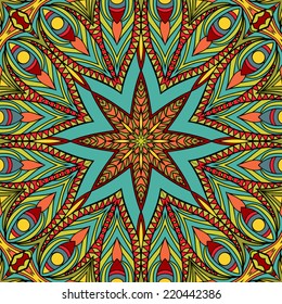 Bright stars seamless pattern. Endless colorful ethnic pattern. Abstract geometric elements on tribal fantasy ornament. Bright hot colors background. Vector is EPS8, elements are grouped by colors.