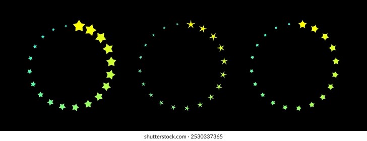 Bright stars in varying shades of yellow and green create a circular formation against a black backdrop