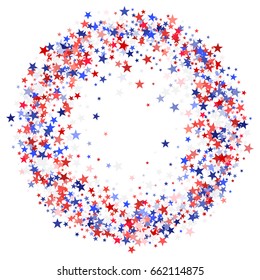 Bright stars vector circle frame. Red and blue holiday border on white background. Circle, ring, wreath for American Independence Day banner, poster, card or flyer. President Day abstract pattern.