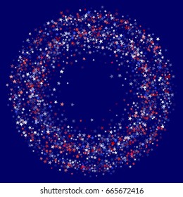 Bright stars vector circle frame. Red, white and blue holiday border on dark background. Circle, ring, wreath for American Independence Day banner, poster, card. President Day abstract pattern.