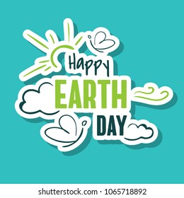 Bright sticker design with butterflies, clouds and sun for Earth day on blue background. Vector illustration
