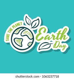 Bright sticker design with the planet and leaves for Earth day on blue background. Vector illustration