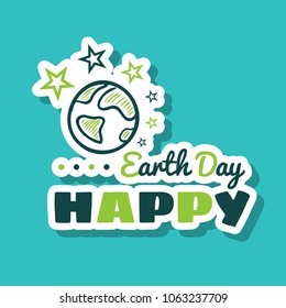 Bright sticker design with the planet and stars for Earth day on blue background. Vector illustration