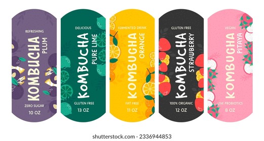 Diseño de pegatinas luminosas para el paquete kombucha. Publicidad de bebidas fermentadas naturales en la colección de etiquetas, ilustración vectorial. Emblema de producto vegetal orgánico con frutos planos de colores