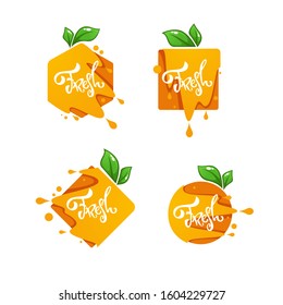 bright  sticker, emblem and logo for orange citrus fruit a fresh juice flavor.