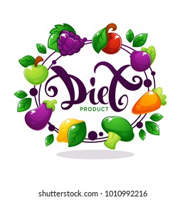 bright  sticker, frame, emblem and banner with diet lettering composition, cartoon fruits, berry, vegetables