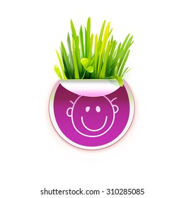 Bright sticker with green realistic grass. Creative promotional vector banner. Eco friendly design. Ecology logo.