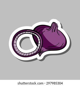 Bright sticker with hand drawn onion. Vector illustration