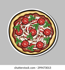 Bright sticker with hand drawn pizza. Vector illustration. Can be used for restaurants, websites, cafes, bars, shops and pizzerias.