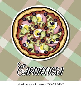 Bright sticker with hand drawn pizza. Vector illustration. Can be used for restaurants, websites, cafes, bars, shops and pizzerias.