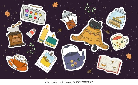 Bright sticker pack with cat in Sweater, autumn vape, Cozy tea and coffee with cookies. Book illustration. Cosmic background with stars