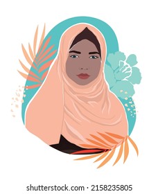 Bright sticker print with a woman in a hijab, palm leaves and a flower. Juicy hand drawn vector illustration for modern design.