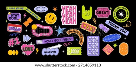 Bright sticker set with cheerful phrases, colorful cartoon style on black background. Concept of positivity, motivation, and good vibes. Vector illustration