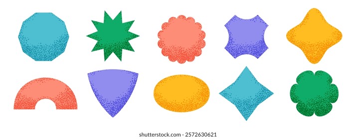 Bright sticker shape collection. Primitive geometric label element pack. Kid textured patch bundle. Set of abstract dotted blank badges for price tag and sale promotion. Vector design elements set