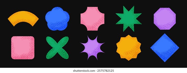 Bright sticker shape collection. Primitive geometric label element pack. Kids textured patch element bundle. Set of abstract dotted blank badges for price tag, sale promotion, product label. Vector