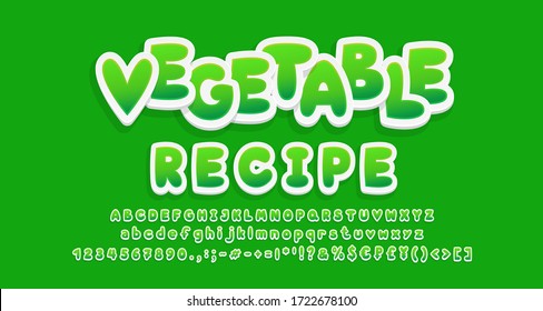 Bright sticker style Alphabet fresh green gradient color. Food cartoon 3d font, uppercase and lowercase letters, numbers, symbols. Vector illustration