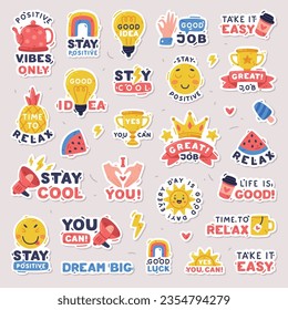 Bright Stickers Design with Positive Saying Vector Set