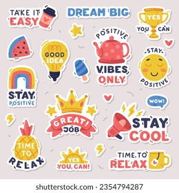 Bright Stickers Design with Positive Saying Vector Set