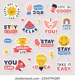 Bright Stickers Design with Positive Saying Vector Set