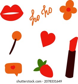 Bright stickers: lipstick, flower, lollipop, strawberry, heart, lettering, message.