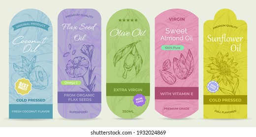 Bright stickers for natural organic oils, vector illustration. Inscription original product, superfood, premium quality, best quality, vitamin e, cold pressed, fresh coconut flavor