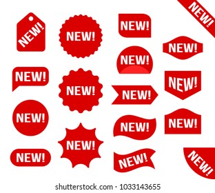 Bright stickers "new!". Red promotional labels for the new arrival section. Vector illustration of a flat isolated on white background