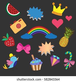 bright stickers: pineapple, watermelon, bow, camera, rainbow, heart