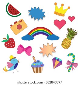 bright stickers: pineapple, watermelon, bow, camera, rainbow, heart