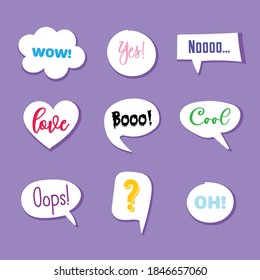 Bright stickers set of text balloons with soft shadow on nice purple background , create in candy colors. Perfect for messengers and design products.