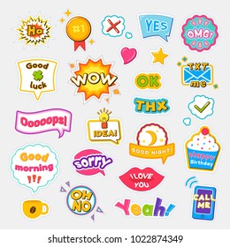 Bright stickers with short and expressive phrases on tasty cupcake, small explosion, sticker of red lips and geometric shapes isolated vector illustrations set.