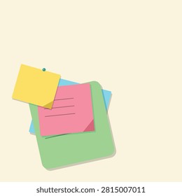 Bright sticky notes and cards in yellow, pink, green, and blue stacked together with a small pin on top for organization and reminders.