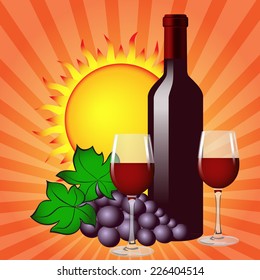 Bright still life with a bottle of wine, two glasses filled with wine and bunch of grapes on a background of the sun.