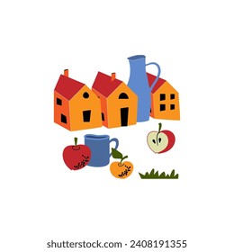 Bright still life with houses, a jug, a mug and apples. Whimsical abstract illustration. Vector design.