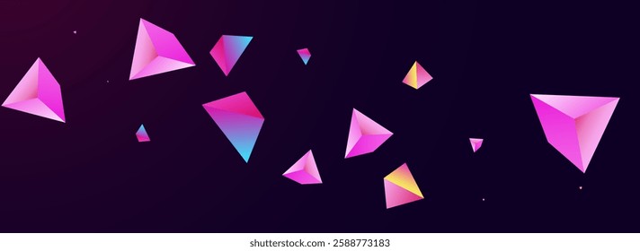 Bright Stone Vector Panoramic Dark Violet Background. Magical Technology Shapes Banner. Gradient Abstract Tetrahedron Card. Unicorn Pyramid Graphic Presentation.