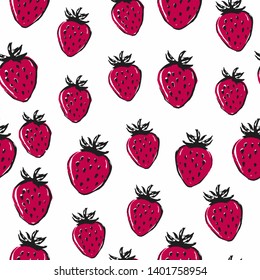 Bright strawberry seamless pattern. Summer food in sketchy style. Red berries on white background.