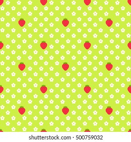 Bright strawberry seamless vector pattern. Red berries with small flowers on a light green background. Print for textiles. 