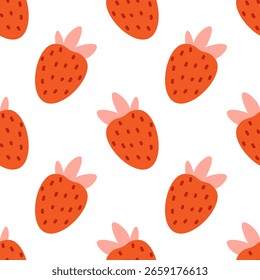 Bright strawberry summer seamless pattern on white background. Vector illustration of strawberry berries for seamless textiles and backgrounds. Wrapping pattern design.