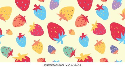 Bright strawberry vector seamless pattern. Colorful strawberries graphic background. Strawberry flat design for fabric, paper, wallpaper, cover, decor, wrapping, other use. Fruit vector illustration