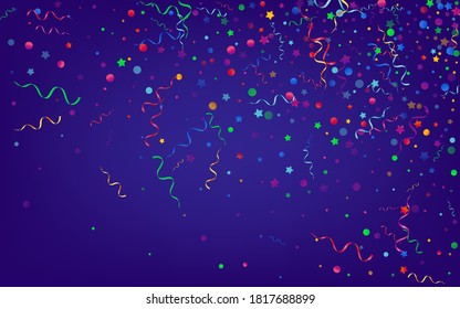 Bright Streamer Party Vector Blue Background. Celebration Circles Illustration. Serpentine Swirl Poster. Colored Fun Invitation.