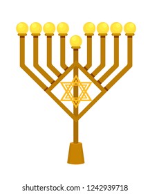 Bright street lanterns in the shape of Hanukkah in a traditional Jewish religious holiday of candles, in honor the miracle. Sanctification of Temple in holiday Hanukkah. Vector illustration.