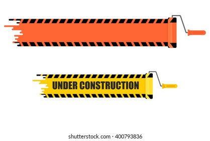 Bright stripe painted on a wall paint roller.Conceptual image of  tools for repair and builder.Warning sign under construction.Cartoon flat vector illustration.Objects isolated on a white background. 