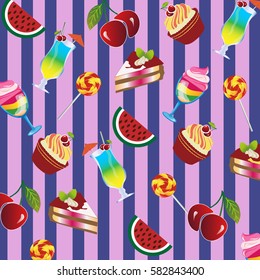 bright striped background with watermelons, cherries, cake, cupcakes and cocktails