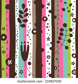 Bright striped pattern and plants. Seamless vector background.